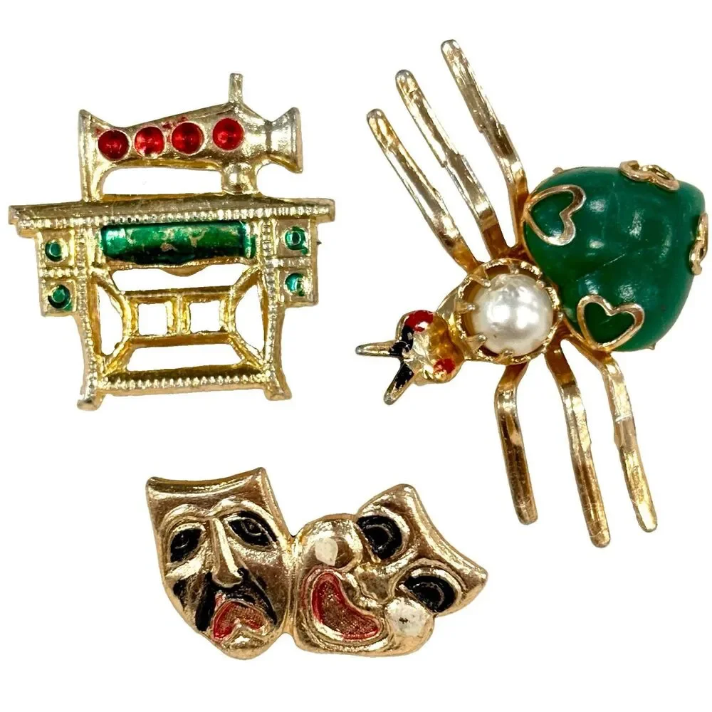 Vintage Hong Kong Brooch Lot Spider Sewing Machine Theater Masks Figural Pins